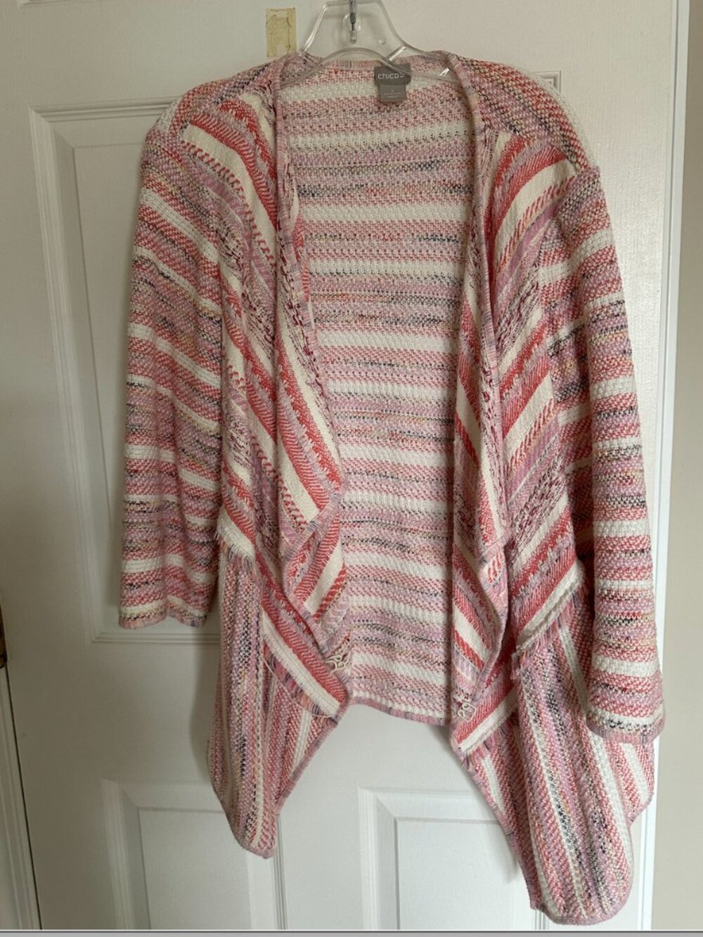 Chico’s Open Cardigan Striped Knit Drape Front Pink Size 4 XXL